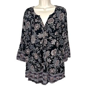 Lucky Brand Chic Black and Gray Floral Women's Blouse